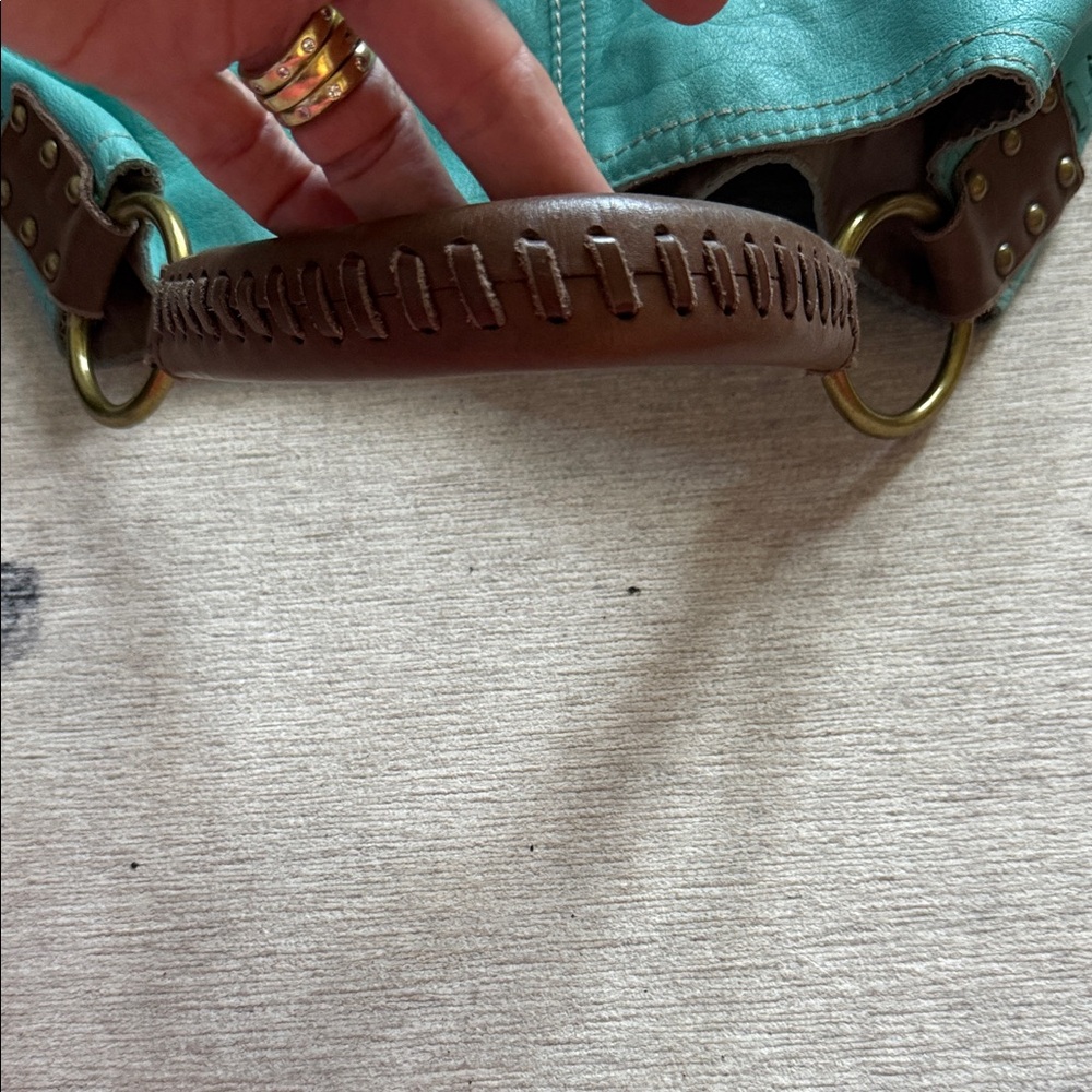 Lucky Brand Turquoise Leather Tote with Brown Handles - Picture 2 of 16